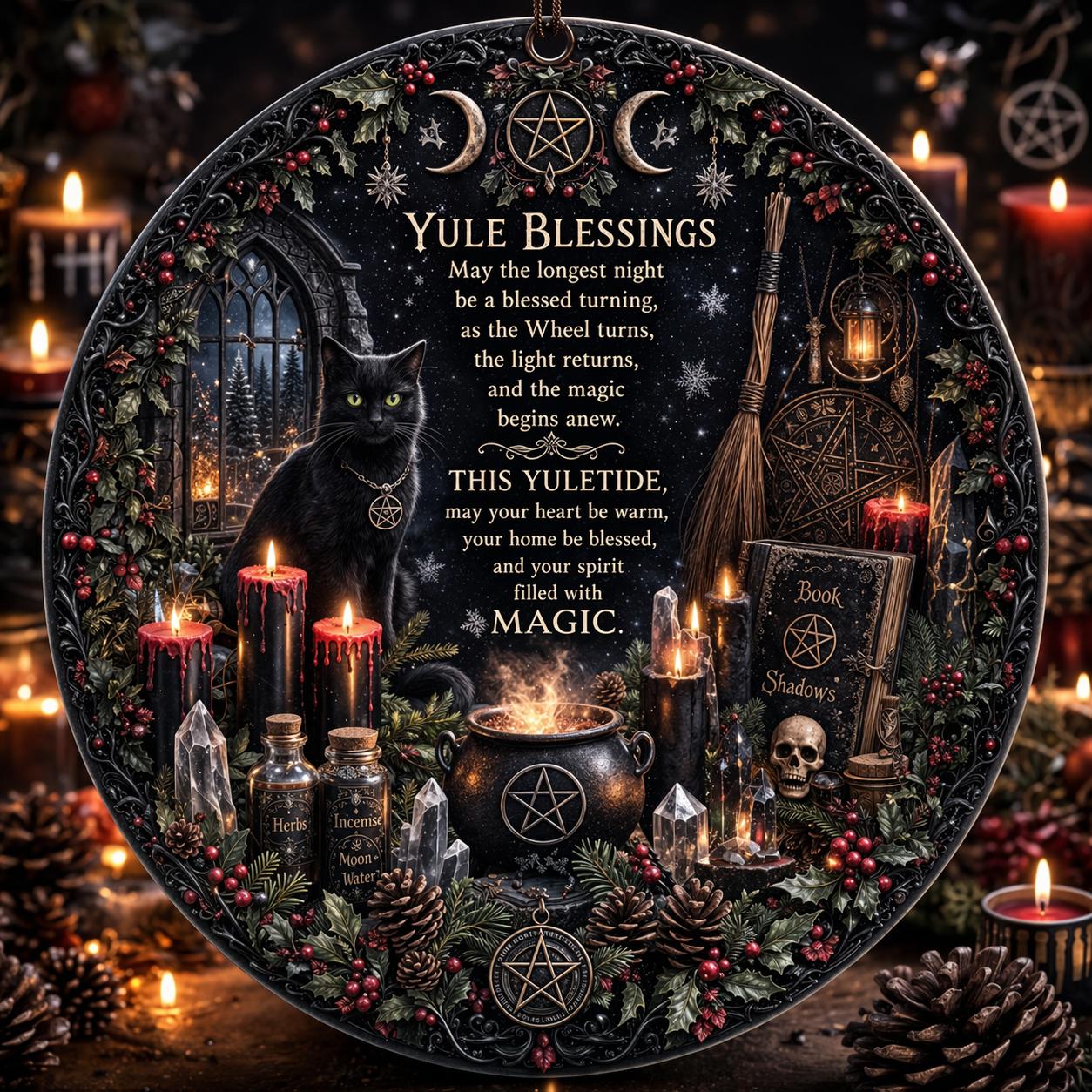 Black Cat Wicca Christmas Ceramic Ornament – Gothic Halloween Christmas Tree Decor-MoonChildWorld