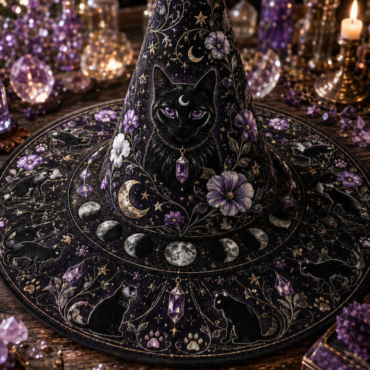 Black Cat Witch Hat โ Celestial Moon Phase Wiccan Wide Brim Hat โ styled with candles and crystals