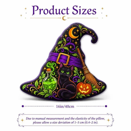 Size guide showing 16 inch / 40 cm: decorative plush pillow featuring black cat witch-hat artwork