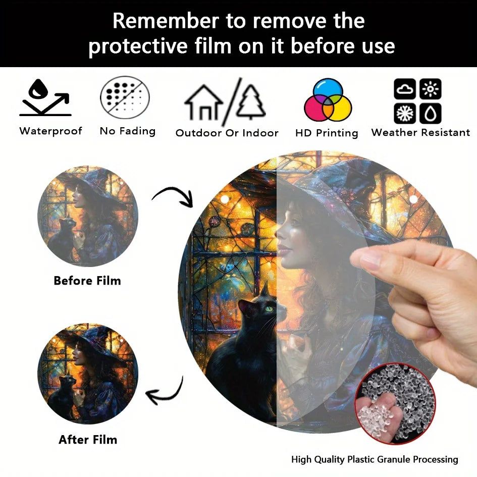 Black Cat Witch Suncatcher Mystic Acrylic Round Sign-MoonChildWorld