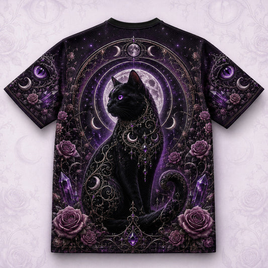 Black Cat Witch Moon Phases T-Shirt Purple Rose Gothic Tee back view