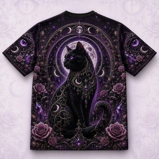 Black Cat Witch Moon Phases T-Shirt Purple Rose Gothic Tee back view
