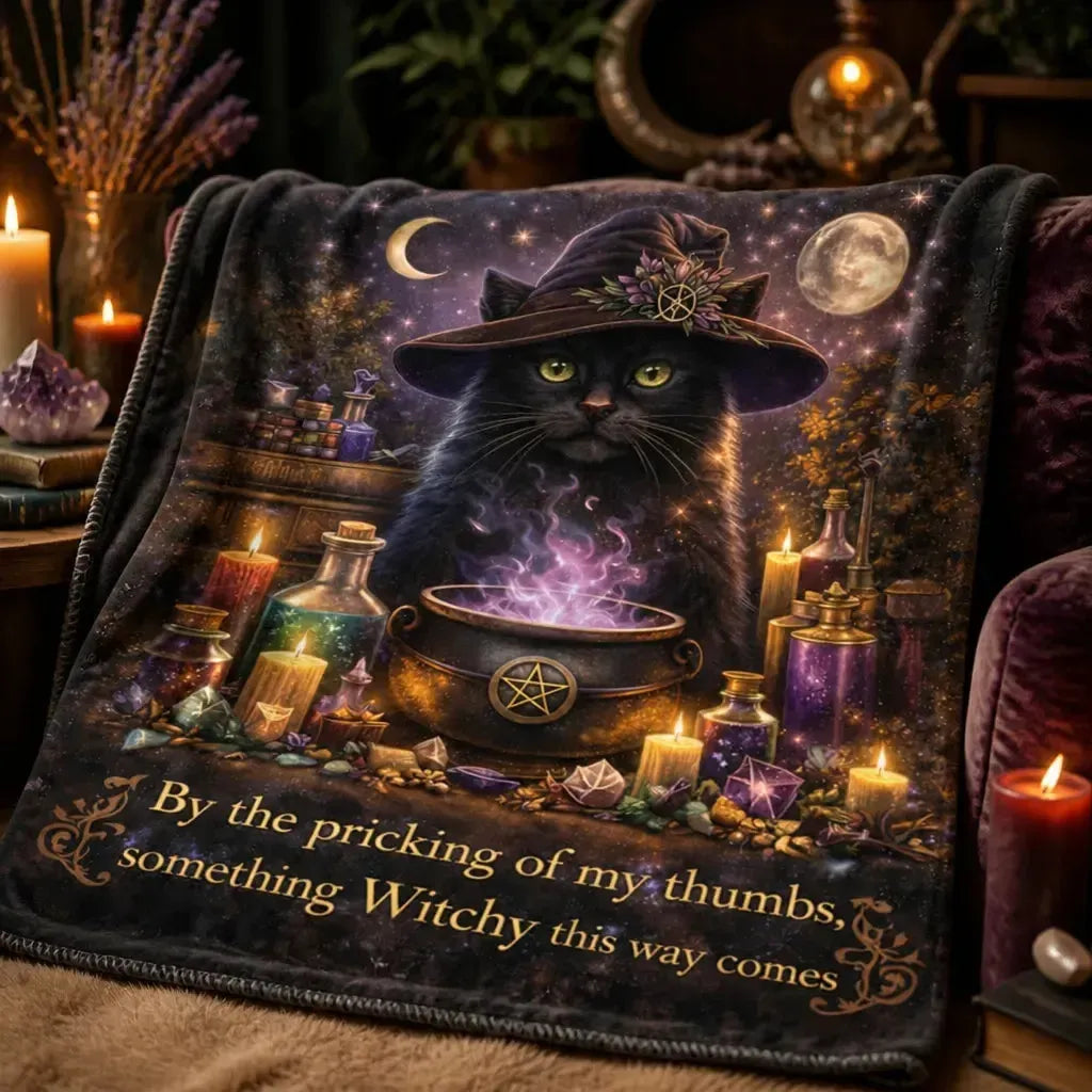 Black Cat Witchcraft Blanket with Mystical Cauldron - Wiccan Blanket for Halloween_mockup_3.webp