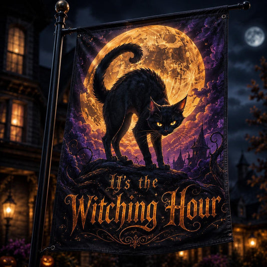 Black Cat Witching Hour house flag displayed outdoors on a garden flag stand