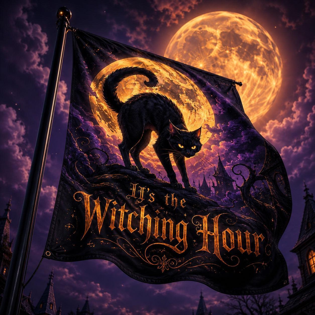 Black Cat Witching Hour house flag mockup hanging outdoors as Halloween decor