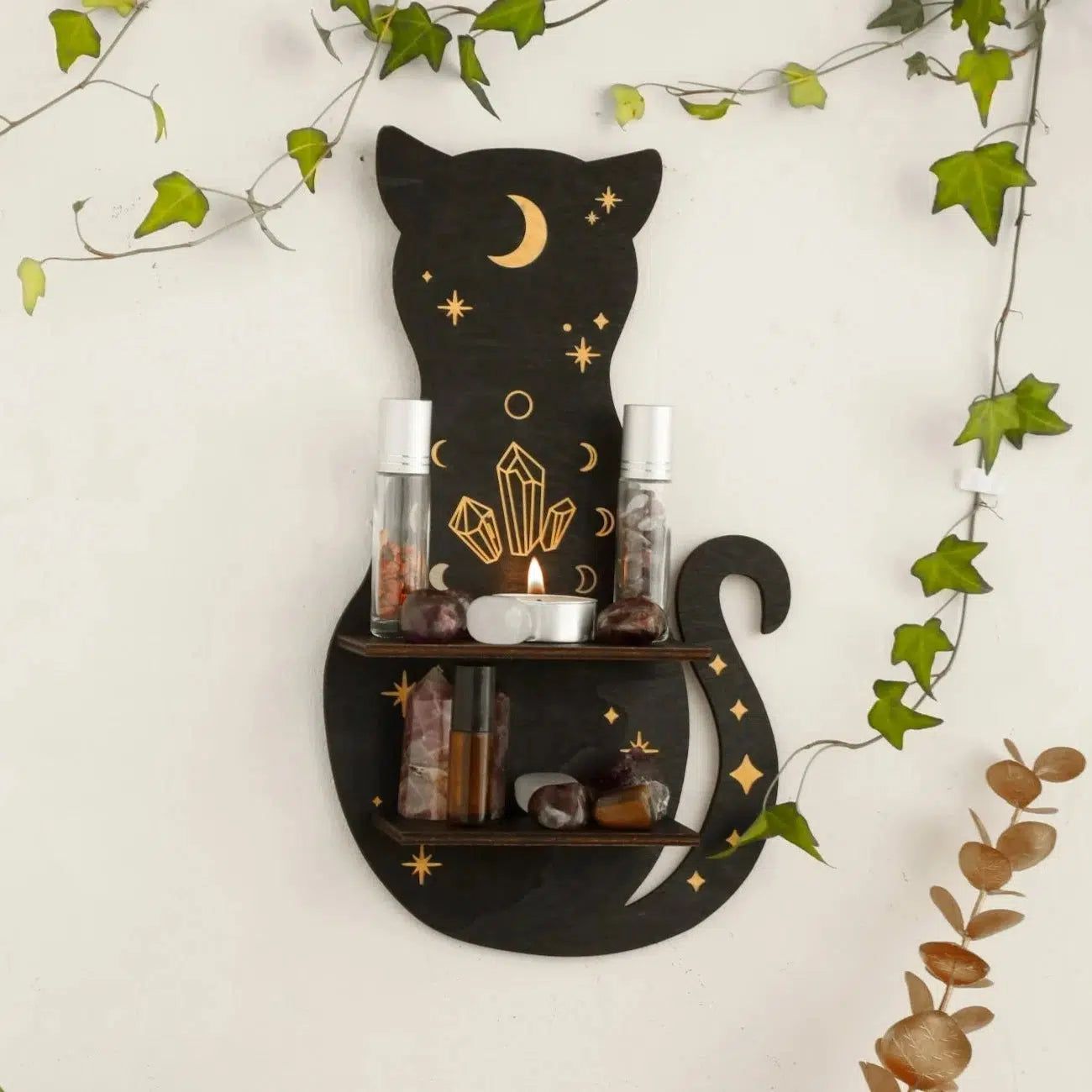 Black Cat Wooden Shelf Moon Phase Floating Shelf Chakra Crystal Holder-MoonChildWorld