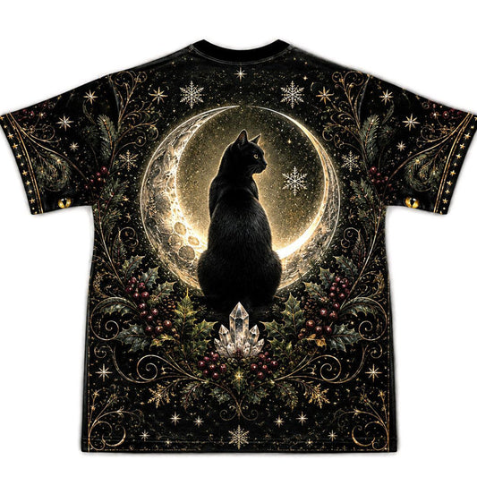 Black Cat Yule Log T-Shirt Gold Crescent Candle Winter Tee back view