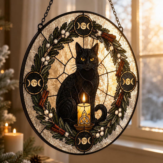 Black Cat Yule Wreath Glass Suncatcher - hanging view
