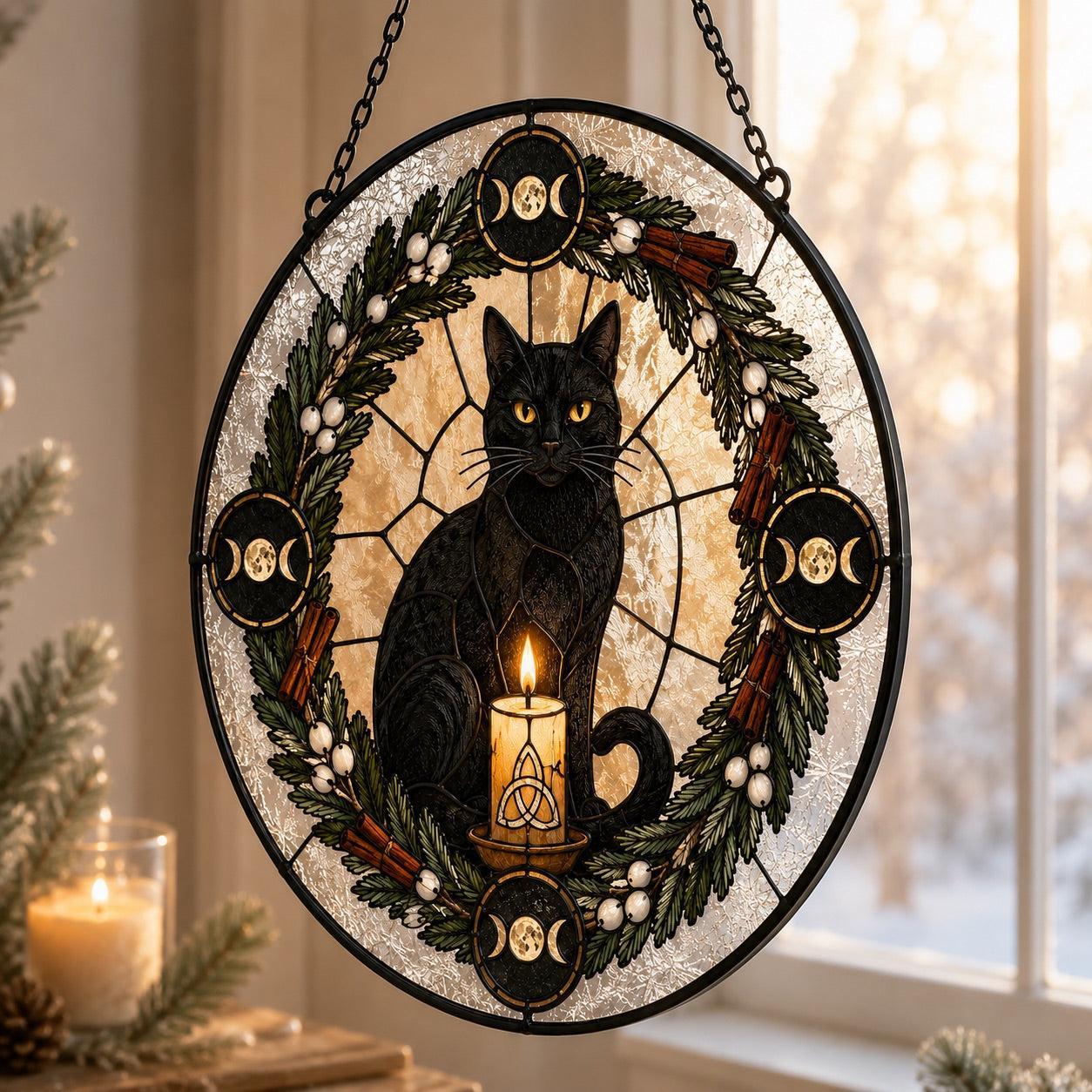 Black Cat Yule Wreath Glass Suncatcher - close up detail