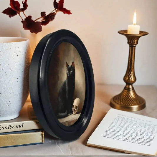 Black Cat and Skeleton Oval Picture Frame Wall Decoration – styled on wall