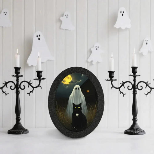 Black Cat and Spooky Ghost Gothic Wooden Oval Frame - Witchy Oval Wall Art for Halloween Wall Decoration-MoonChildWorld