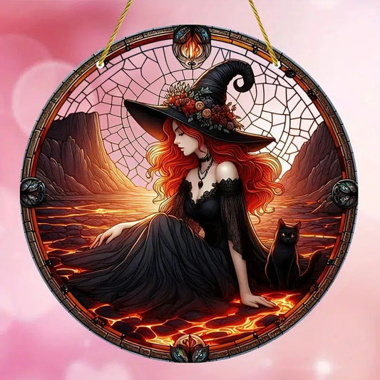 Black Cat and Witch Suncatcher Mystic Witch Window Hanging-MoonChildWorld