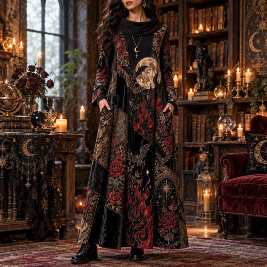 Black Flame Bat Garden Gothic Cowl Neck Dress โ Witchy Rose Maxi โ worn, front view