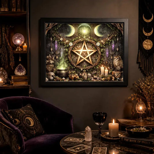 Black Framed Pentacle & Triple Moon Wall Art - Wicca and Pagan Canvas for Witch Home Decor_mockup_1.webp