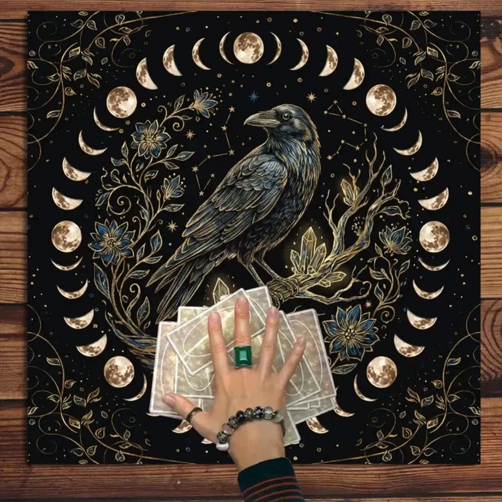 Dark witch altar cloth with raven and lunar cycle – Wiccan tarot ritual decor