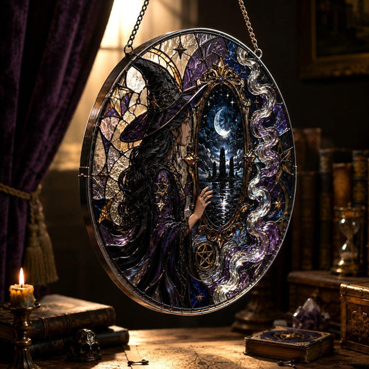 Black Mirror Witch Moon Realm Glass Suncatcher - close up detail