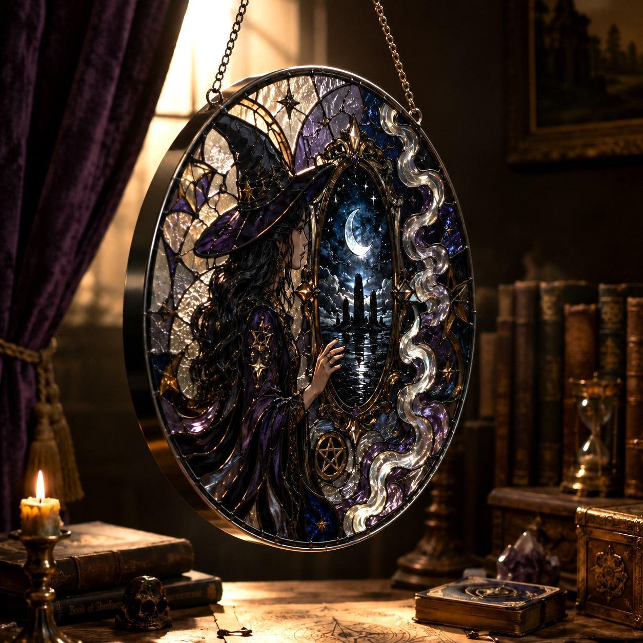 Black Mirror Witch Moon Realm Glass Suncatcher - hanging view