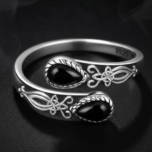 Black Onyx and Moonstone Ring Celtic Witch Ring Wicca Jewelry-MoonChildWorld