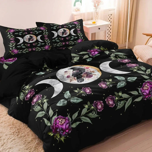 Black Raven Triple Moon Duvet Cover Set Witchy Crow Bedding Set Wiccan Home Decor-MoonChildWorld