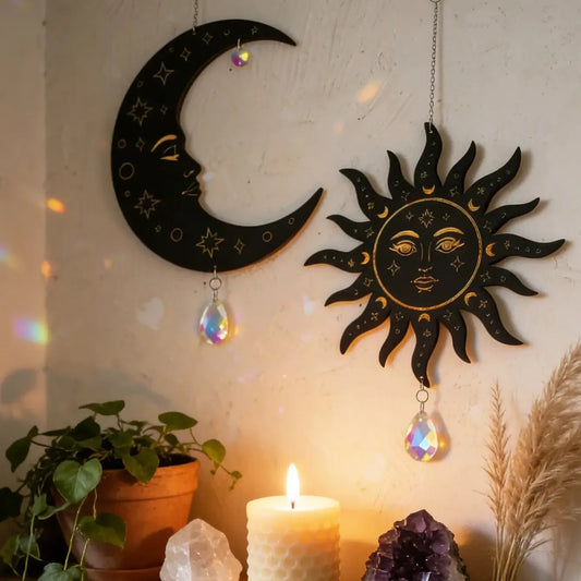 Black Sun Moon Face Crystal Prism Suncatcher – dark witchy window art for gothic home decor