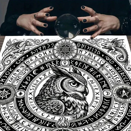 Black White Owl Rune Circle Tarot Altar Cloth-MoonChildWorld
