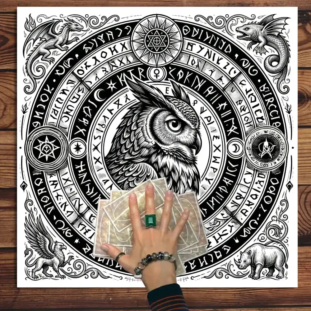 Black White Owl Rune Circle Tarot Altar Cloth-MoonChildWorld
