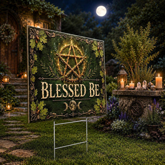 Blessed Be Pentacle Triple Moon Wicca Yard Sign - garden display