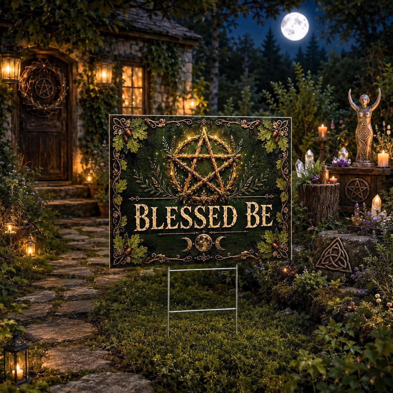 Blessed Be Pentacle Triple Moon Wicca Yard Sign - porch scene