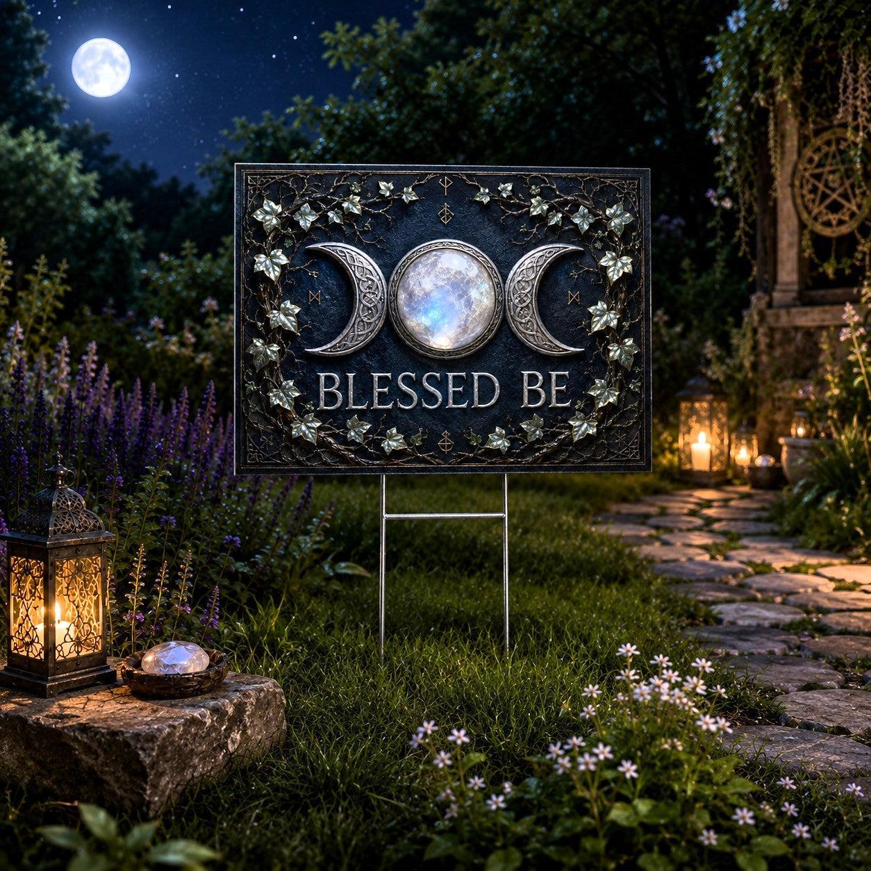 Blessed Be Triple Moon Wicca Yard Sign - porch scene