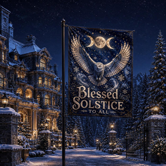 Blessed Solstice house flag displayed outdoors on a garden flag stand