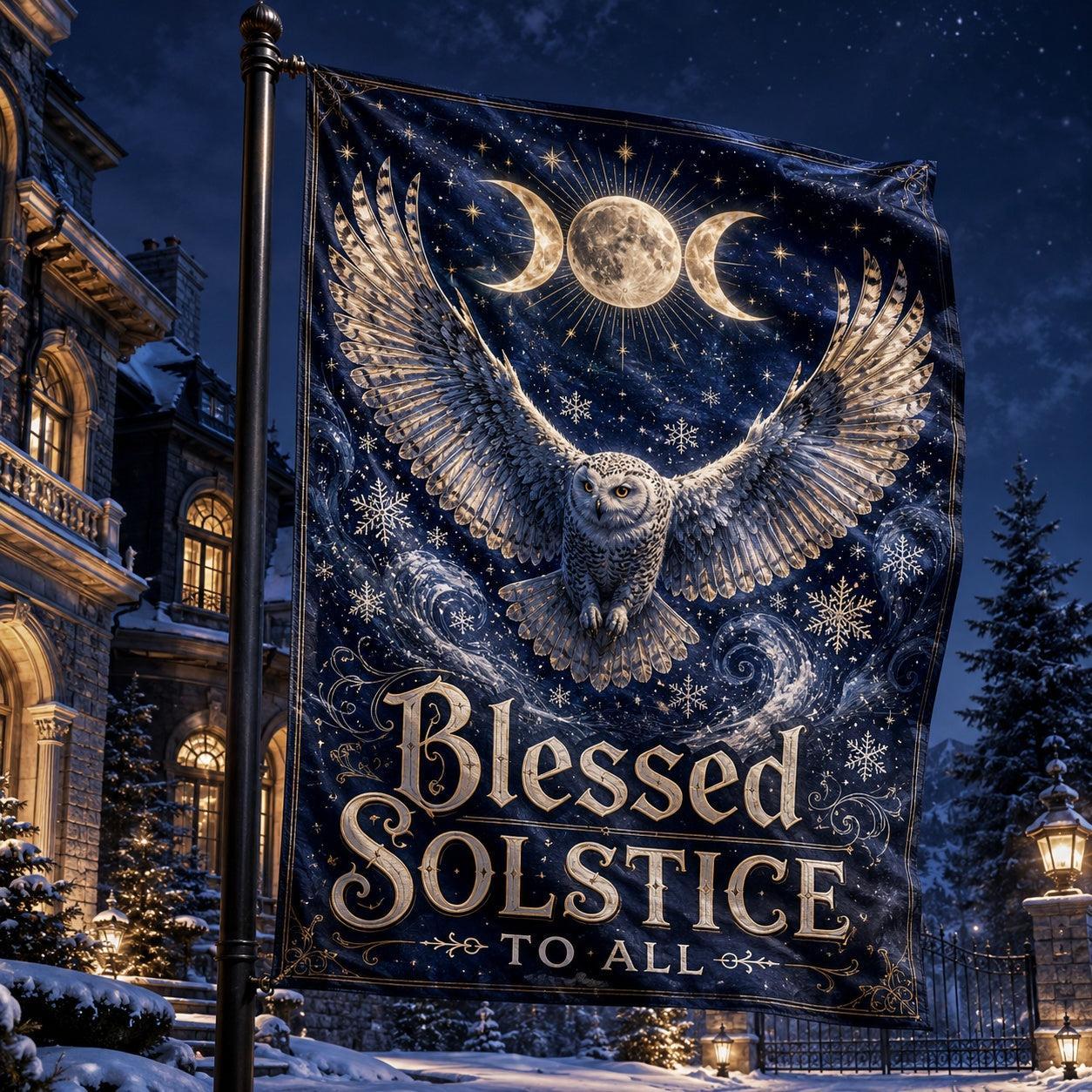 Blessed Solstice house flag mockup hanging outdoors as pagan winter decor
