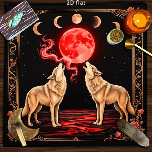 Blood Moon Wolf Tarot Altar Cloth with Enchanted Rose-MoonChildWorld