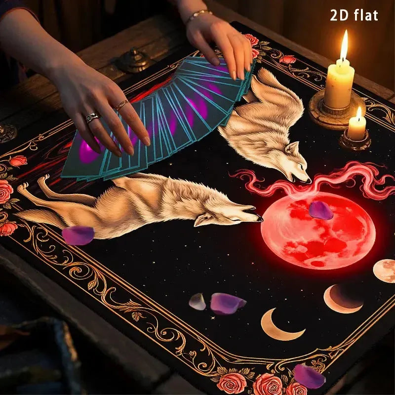 Blood Moon Wolf Tarot Altar Cloth with Enchanted Rose-MoonChildWorld