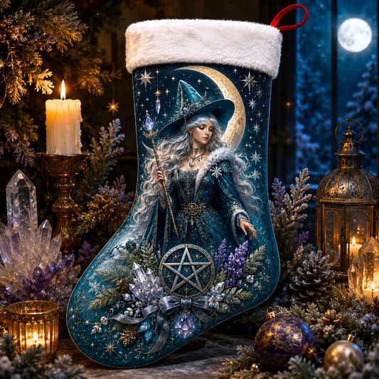 Blue Witch Christmas Stocking Pentacle Crescent Wiccan Yule Decor