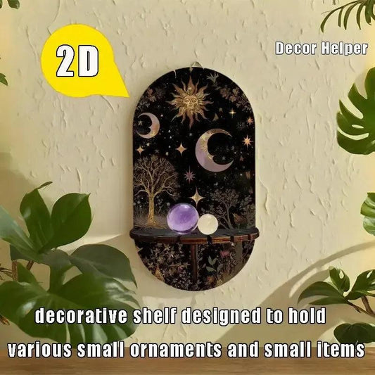Bohemian Golden Star Moon Tree Wall Shelf – Wooden Mystical Floating Shelf Pagan Altar Decor-MoonChildWorld