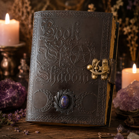 Book of Shadows Moon Stone Leather Journal – Vintage Handmade Witch Grimoire – leather journal, back cover view