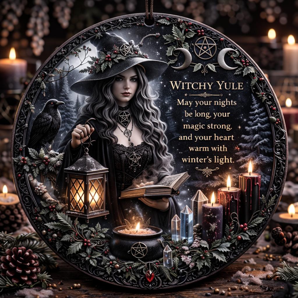 Dark Witch ceramic ornament with a witch, raven, lantern, spellbook, candles, and Yule blessing.