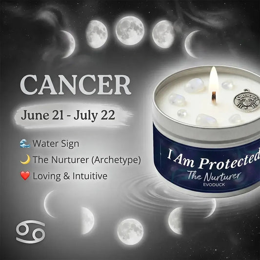 Cancer Zodiac Candle, June 21 to July 22, with moon phases background - Water Sign, The Nurturer, Loving and Intuitive