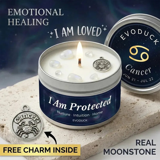 Cancer Zodiac Candle I Am Protected with moonstone crystals and Cancer zodiac charm - Emotional Healing, Real Moonstone, Free Charm Inside