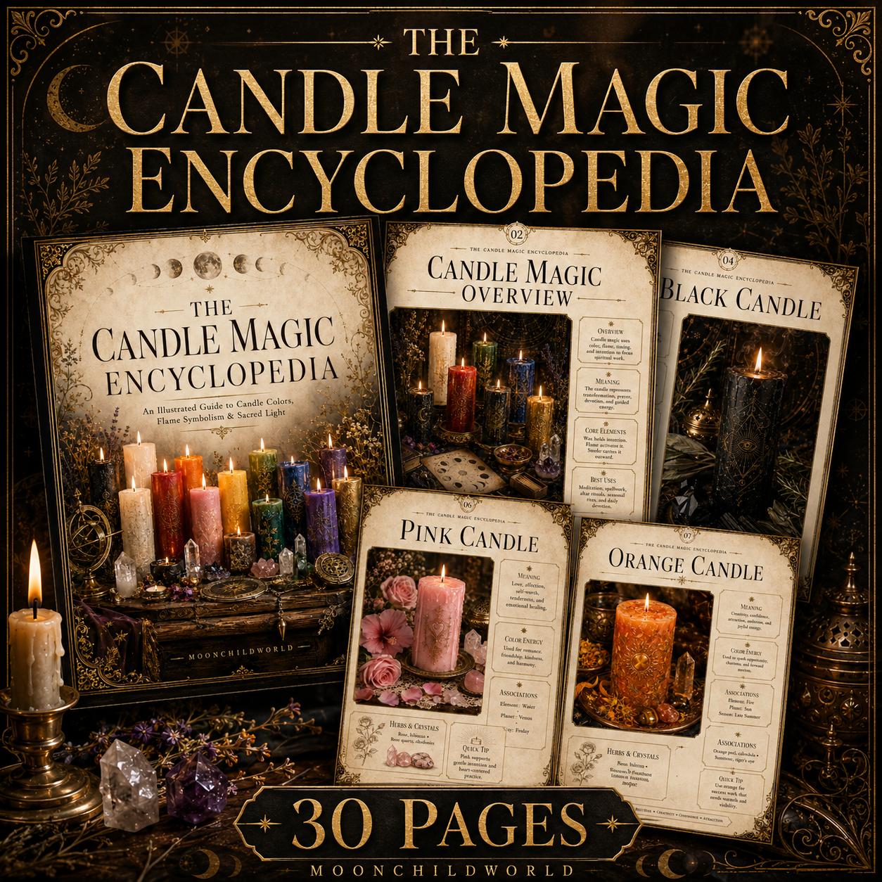 Printable Candle Magic Encyclopedia pages featuring vintage parchment designs, colorful candle guides, and mystical illustrations.