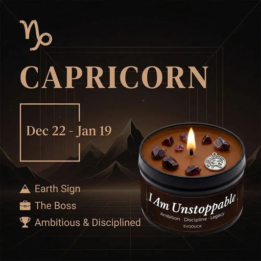 Capricorn Zodiac Candle, Dec 22 to Jan 19, with garnet crystals in wax - Earth Sign, The Boss, Ambitious and Disciplined