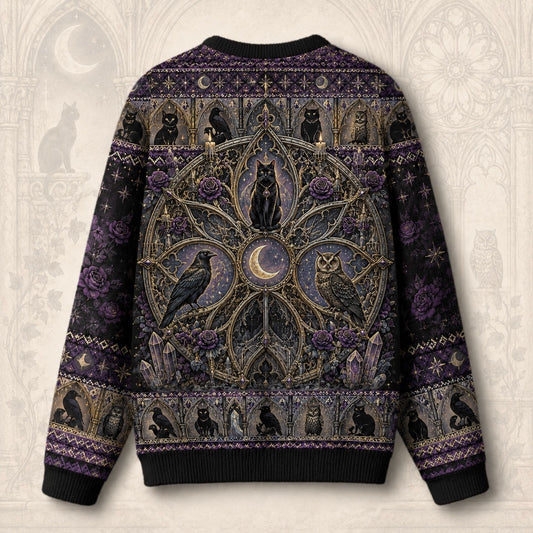 Cat Throne Sweater Raven Owl Star Mandala Purple Gothic Knit back view