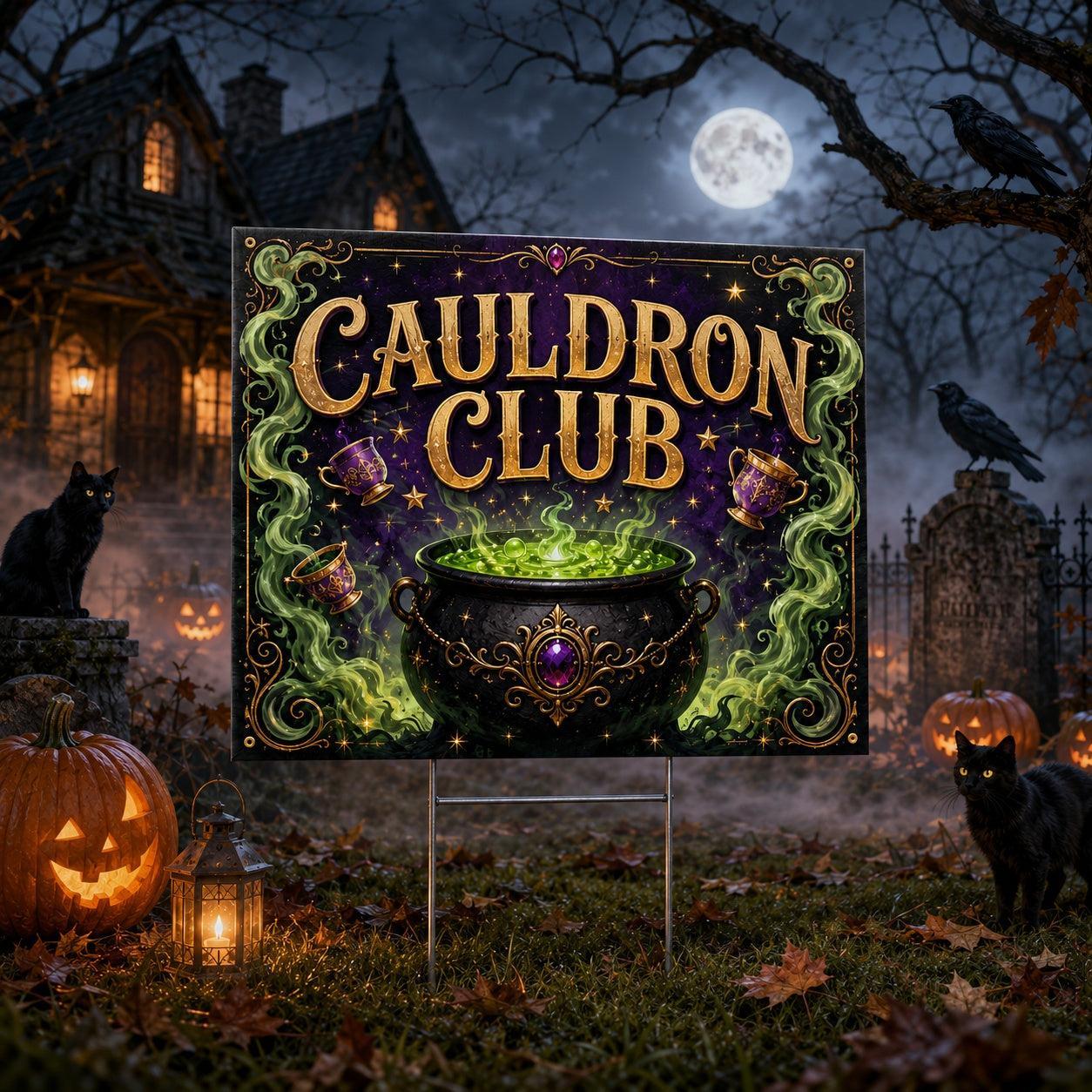 Cauldron Club Witchy Halloween Yard Sign - porch scene
