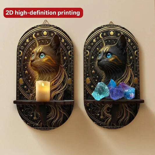 Celestial Black Cat Mystical Wall Shelf for Crystals & Candles – Wooden Floating Shelf Pagan Altar Decor-MoonChildWorld