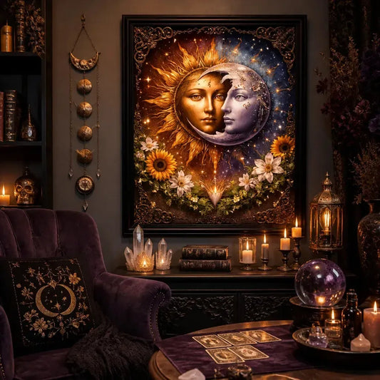 Celestial Goddess Wicca Black Framed Art Print - Sun & Moon Pagan Wall Art for Magical Space_mockup_1.webp