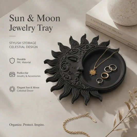 Tray styling and feature graphic: Celestial Sun Moon Jewelry Tray, featuring a recessed round dish surrounded by sculpted sun rays and a crescent profile.