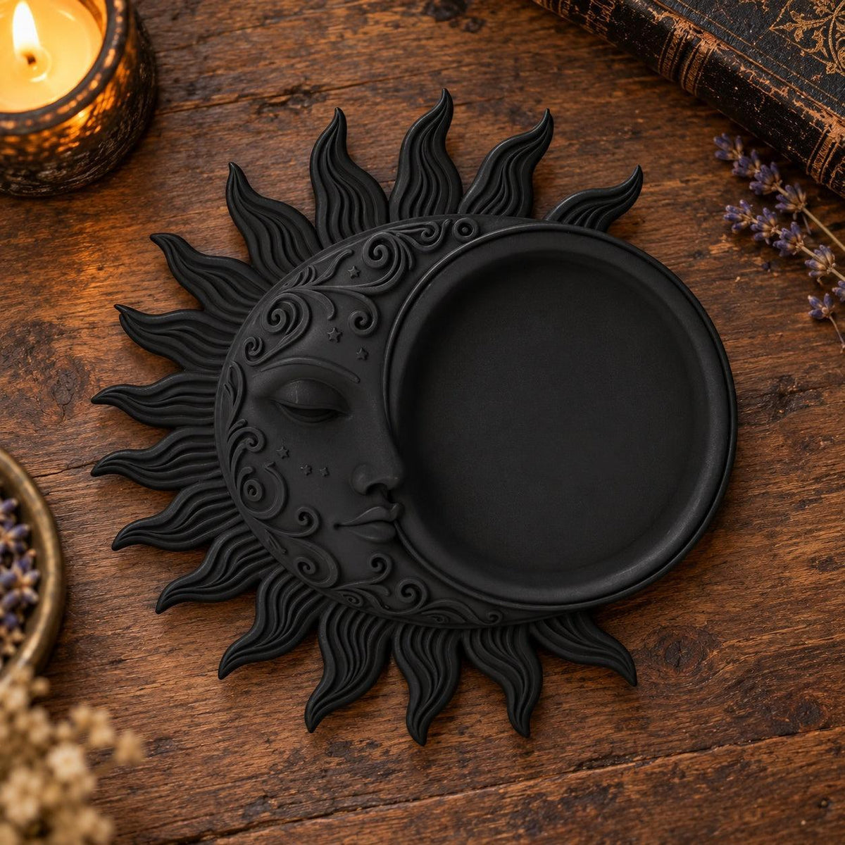Celestial Sun Moon Jewelry Tray in a realistic witchy gothic setting, detailed product view with natural shine and contact shadows.