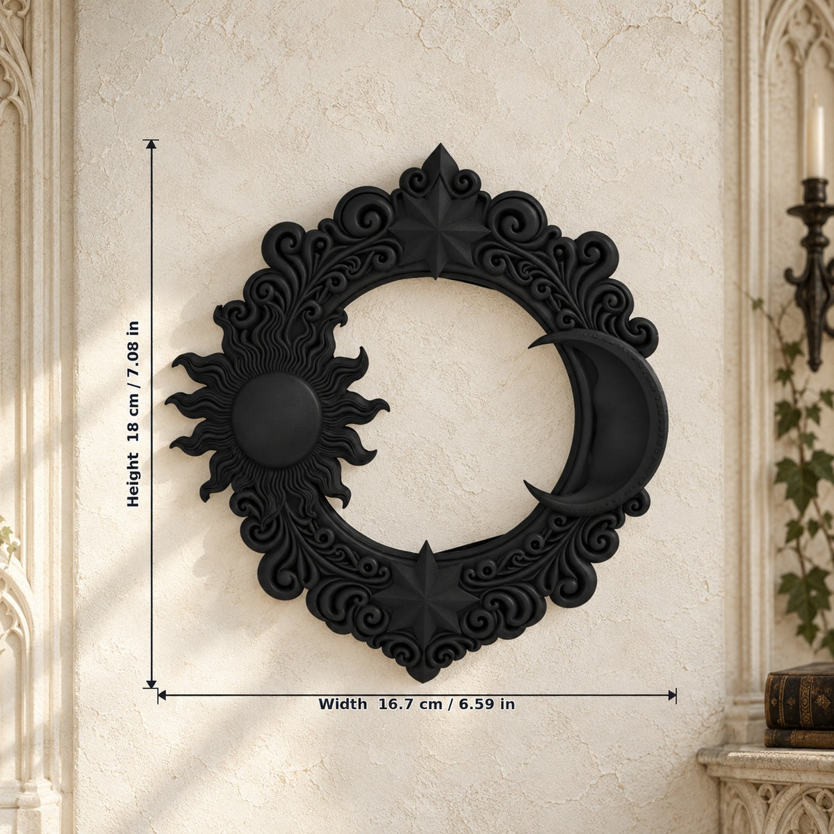 Celestial Sun & Moon Ornate Wall Decor for Witchy Bedrooms on a bright vintage gothic wall, size reference.