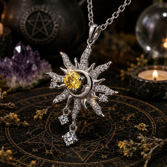 Celestial Sun Moon Pendant Necklace Yellow Crystal Spiritual Jewelry-MoonChildWorld