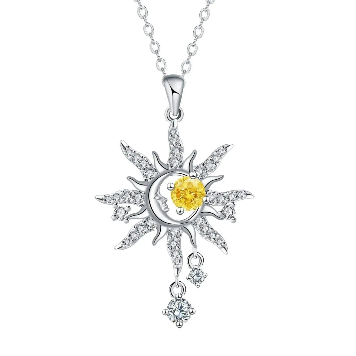 Celestial Sun Moon Pendant Necklace Yellow Crystal Spiritual Jewelry-MoonChildWorld